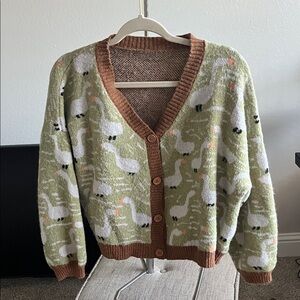 Cider Green & Brown Goose Motif Button-Up Cardigan